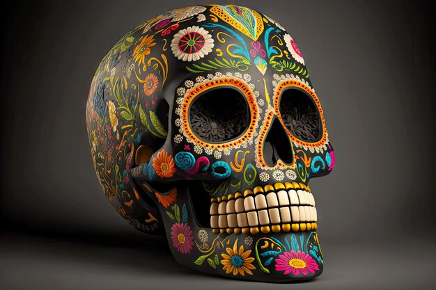 Black with colored ornament colored skull with flowers with rows of white teeth