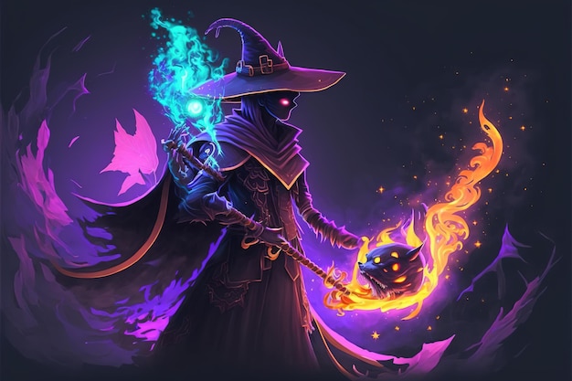 Photo black wizard with a magic wand summoning the dragon digital art style illustration painting fantasy concept of a wizard with the dragon