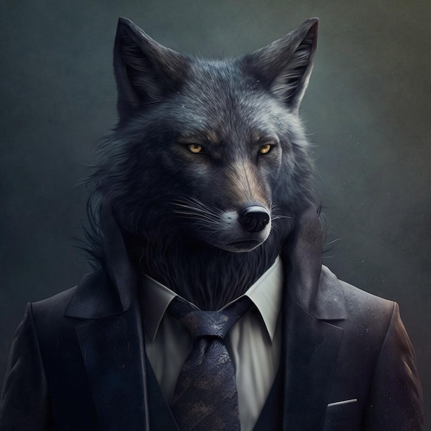 A black wolf in a black business suit
