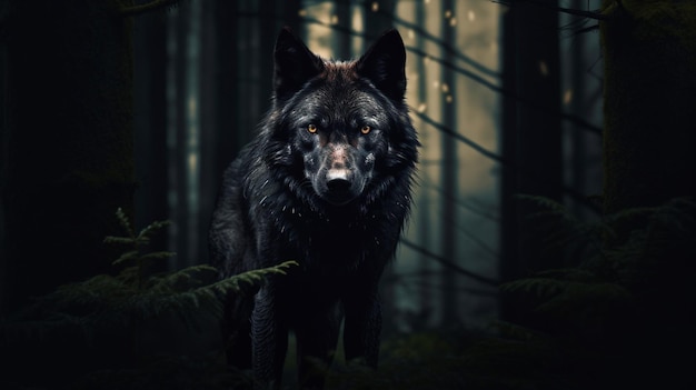 夜の森の黒いオオカミ