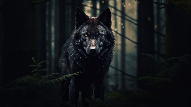 A black wolf in the forest at night