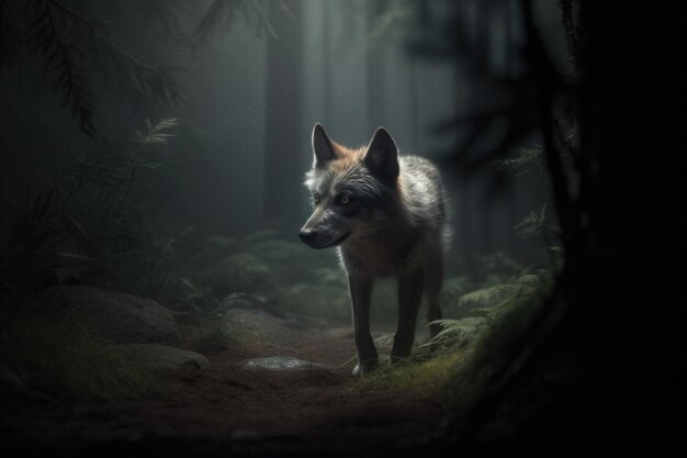 A black wolf in a forest