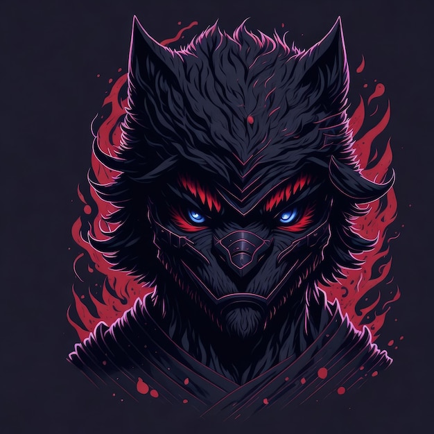 A black wolf with blue eyes and a red fire in the background.