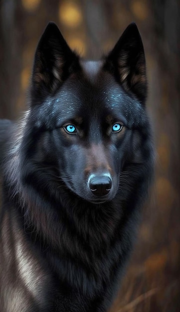 A black wolf with blue eyes