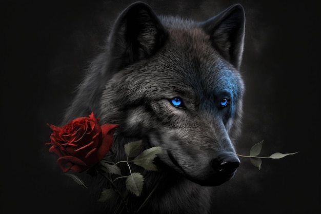 A black wolf with a blue rose