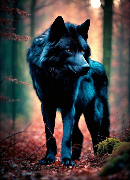 a black wolf with a blue tail stands in a forest