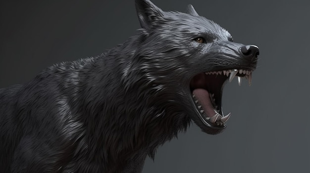 Черный волк с открытой пастью на сером фоне.