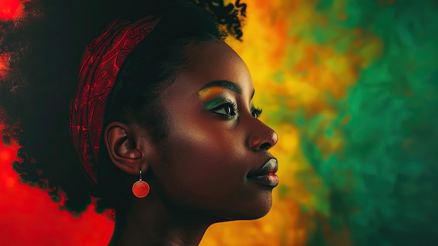 black woman against the background of a wall with African colors Emancipation Freedom and Day