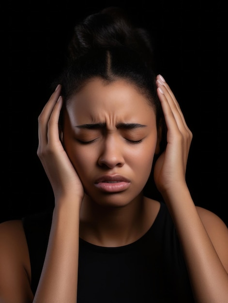 Photo black woman appears to be in pain from headache