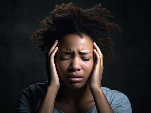 Photo black woman appears to be in pain from headache