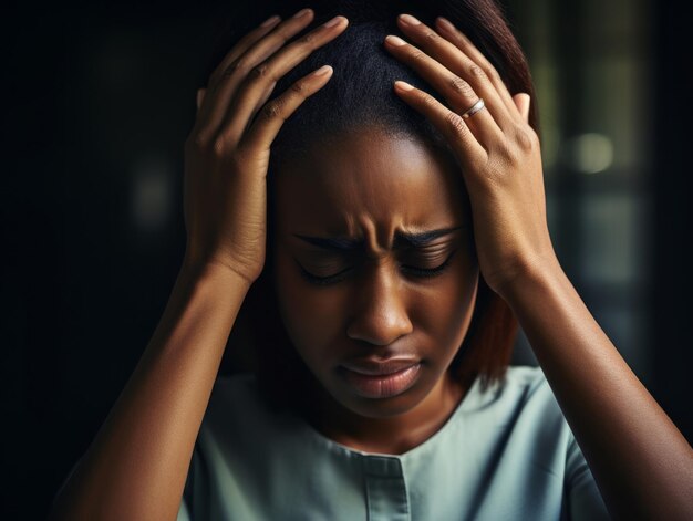 Black woman appears to be in pain from headache