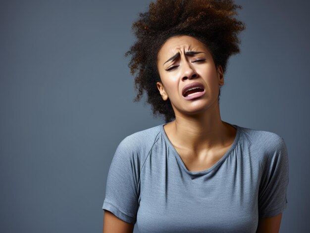 La donna nera sembra soffrire su sfondo grigio