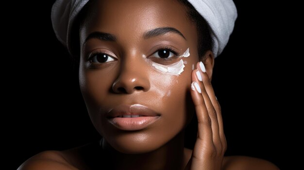 Black woman applying cream to her face studio fashion