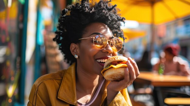 Photo black woman bites a burger sandwich