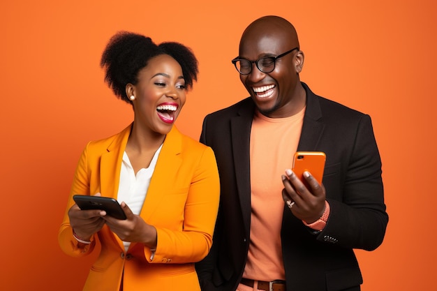 Black woman and black man with phone on orange background