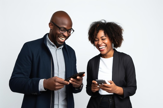 Black woman and black man with phone on white background