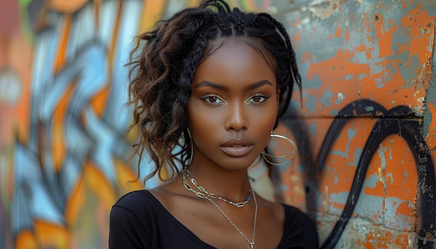 Photo a black woman in a black shirt posing in front of a wall full of graffiti in the style of powerful symbolism historically accurate light orange and dark brown generative ai