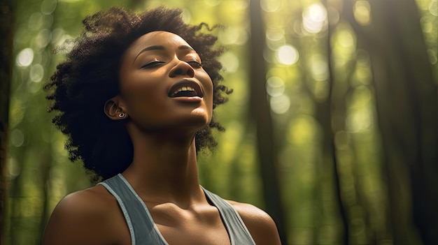 A black woman breaths fresh air on the forest black people Generative AI