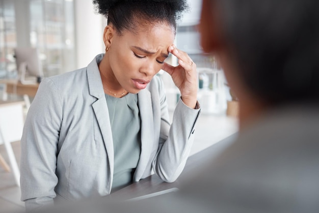 Black woman in business stress and mental health counseling at work and psychology with corporate burnout Support company issued therapy and female with fatigue and headache depression and help