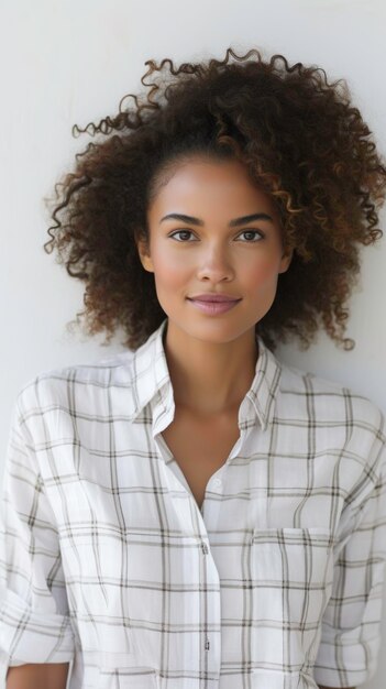 Photo black woman in checkered shirt and white pants