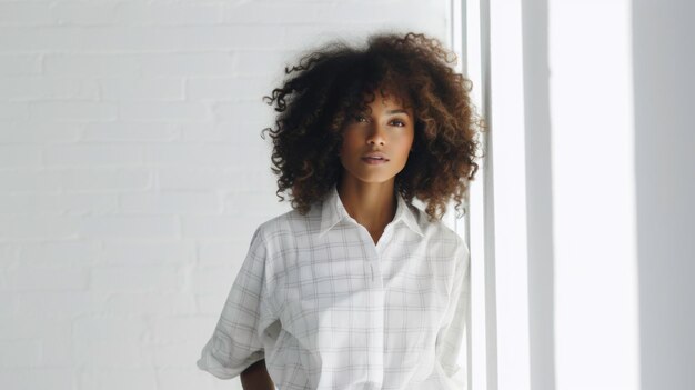 Black woman in checkered shirt and white pants