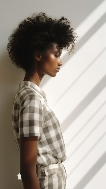 Black woman in checkered shirt and white pants