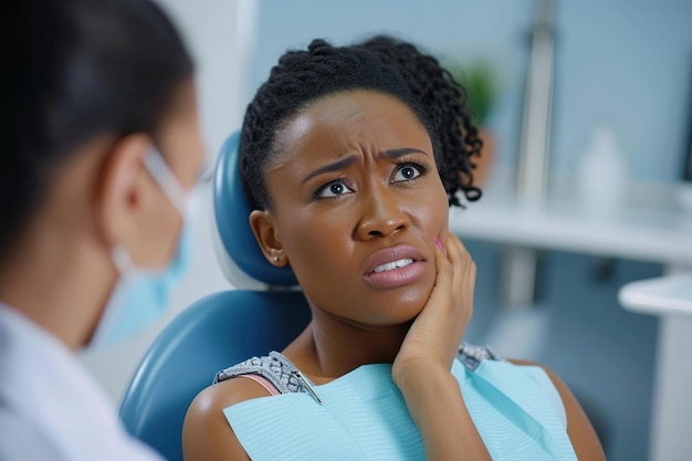 Black woman complaining about toothache during appointment at dentists office