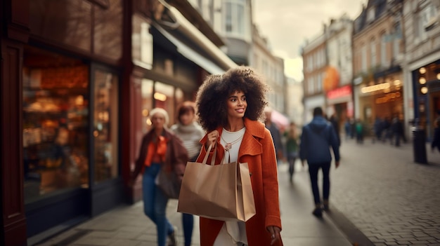 Black woman curly hair with shopping bag side face walking on the street