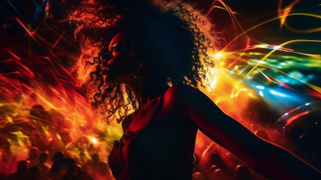 A black woman dancing at the club surrounded by colorful lights Rave concert party event photography