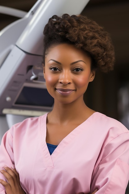 Black woman doctor in pink uniform Doctor radiologist mammologist care for women's health Breast Cancer Awareness