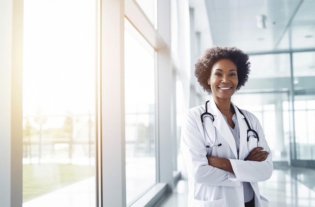 Черная женщина-врач или портрет со скрещенными руками больница доверяет уверенной улыбке в медицинской клинике