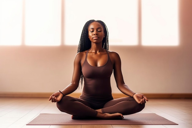 Black woman does yoga on bright background Ai generated
