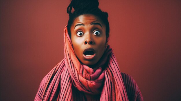 Black woman doing a shocked look on tan background