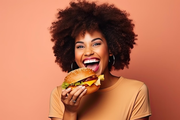 Foto donna nera che mangia un hamburger