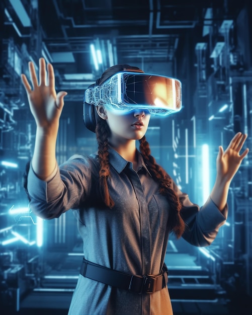 Black woman engineer use augmented mixed virtual reality integrate artificial intelligence combine deep machine learning