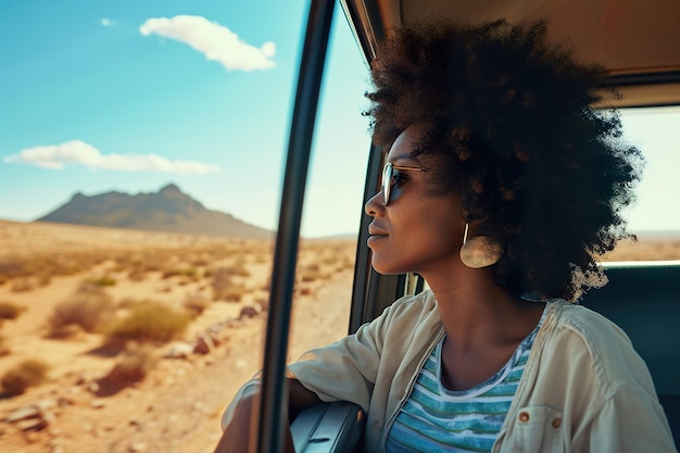 Black woman enjoy window view of desert on road