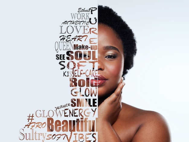 Black woman face and quotation with motivation poster with beauty and portrait isolated on white background Quote overlay with inspiration skincare and wellness creative and skin glow in studio