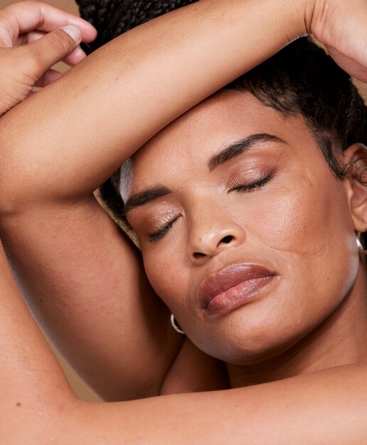 Premium Photo Black woman face skincare and wellness of a model sleep and relax from skin glow beauty facial health mindfulness and zen from healthy cosmetics body care and natural dermatology