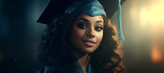 Photo black woman in graduation cap for university or college education banner study and graduate concept