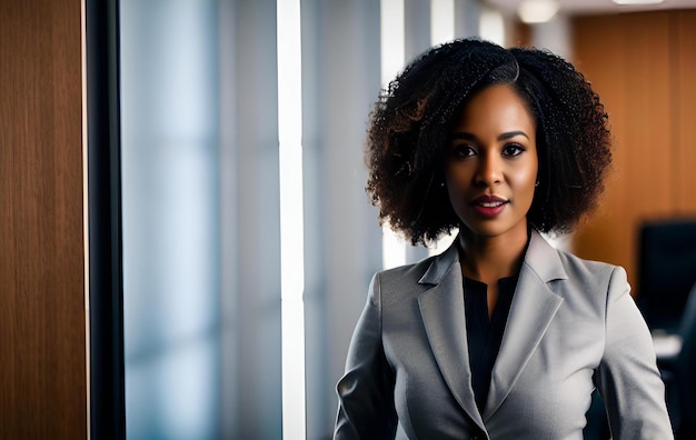 A black woman in a grey suit stands in front of a wall of windows