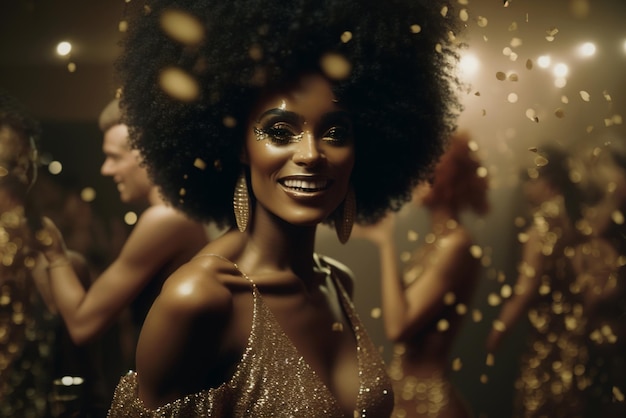 Black woman having fun at party girl surrounded golden confetti generative AI