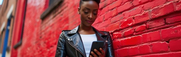A black woman in her late thirties stands next to a red brick wall looking at her cell phone