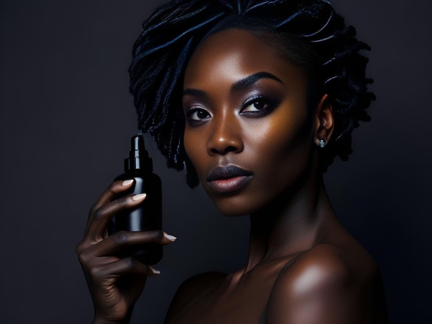 黒人女性が美容製品のモックアップテンプレートを握っている