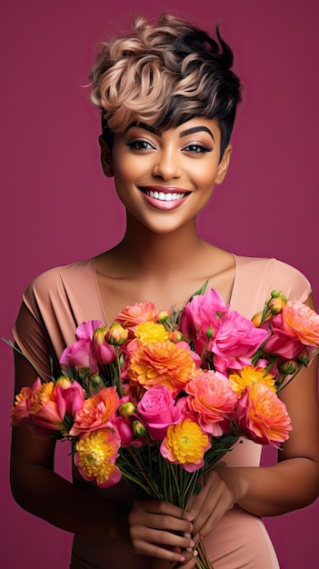 Black woman holding flower bouquet flower shop