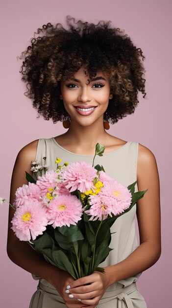 Photo black woman holding flower bouquet flower shop