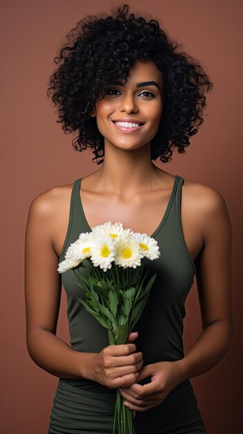 Black woman holding flower bouquet flower shop