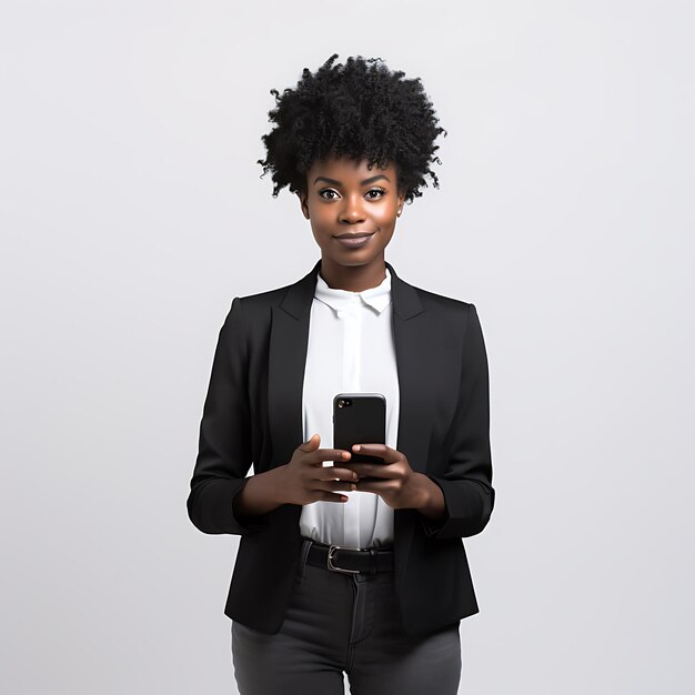 Black woman holding a phone on white background