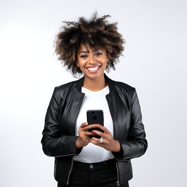 black woman holding a phone on white background