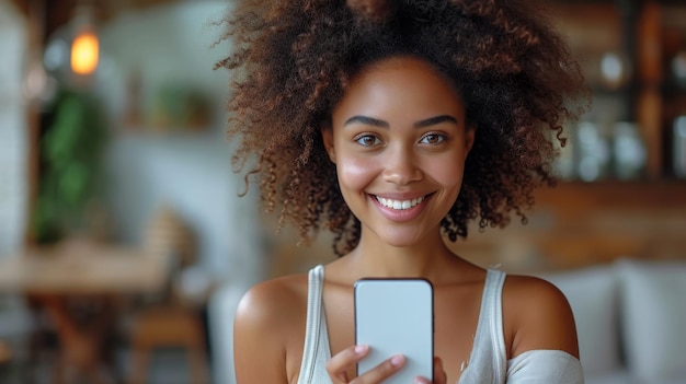 Photo black woman holding and pointing at blank smartphone screen millennial african american lady recommending new app or mobile website mockup image
