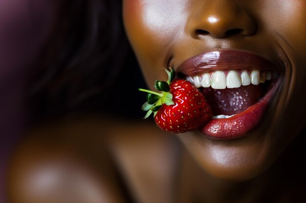 Photo a black woman holding a strawberry between her teeth